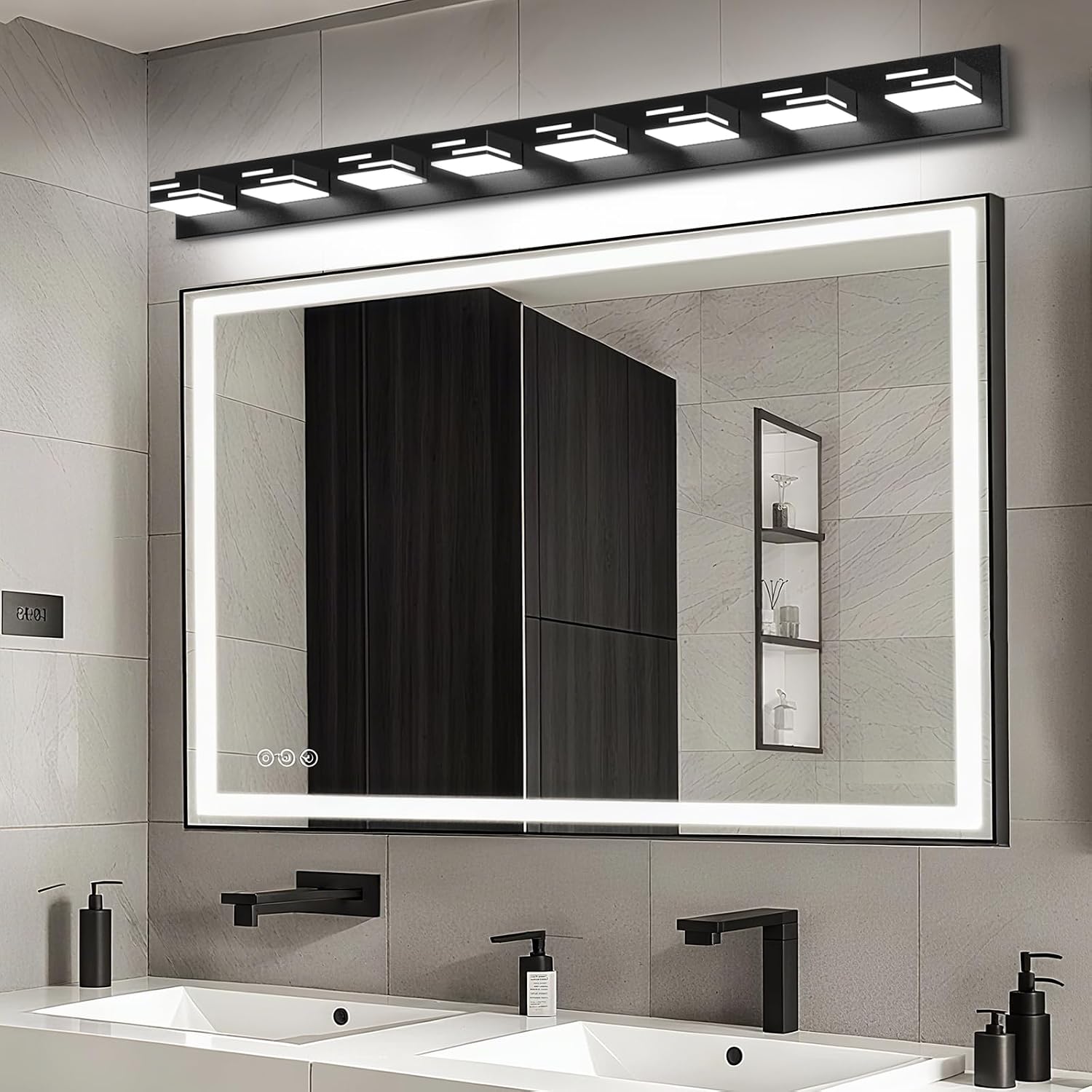 LED Modern Bathroom Vanity Light Fixtures, Dimmable Matte Black Vanity Lights for Bathroom Lighting Fixtures Over Mirror, with 360° Rotatable Acrylic Heads 8-Light 54-inch (Cool White 6000K)